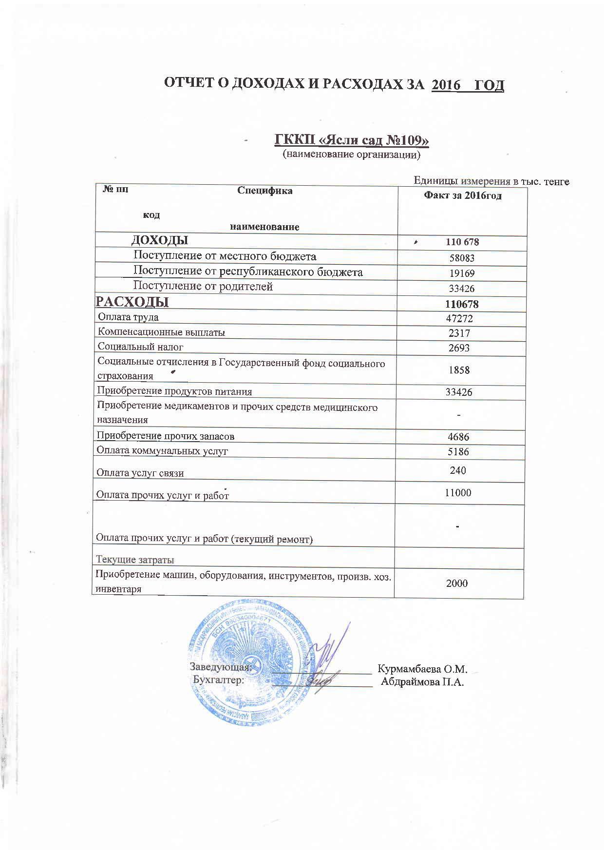 Отчет о доходах и расходах за 2016г