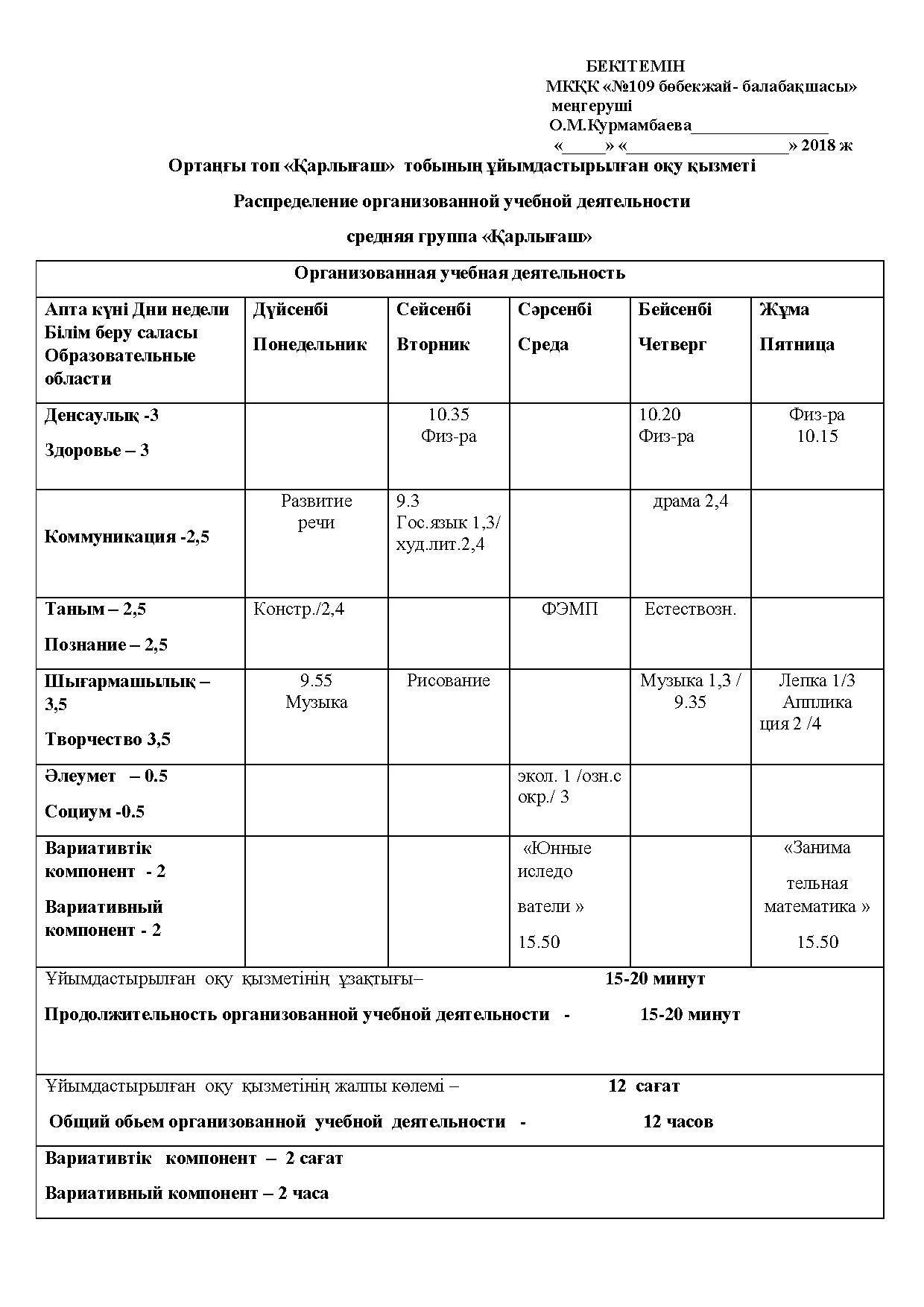 Распределение организованной учебной деятельности 