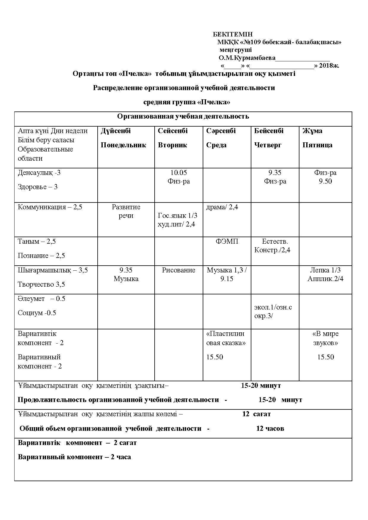 Распределение организованной учебной деятельности 