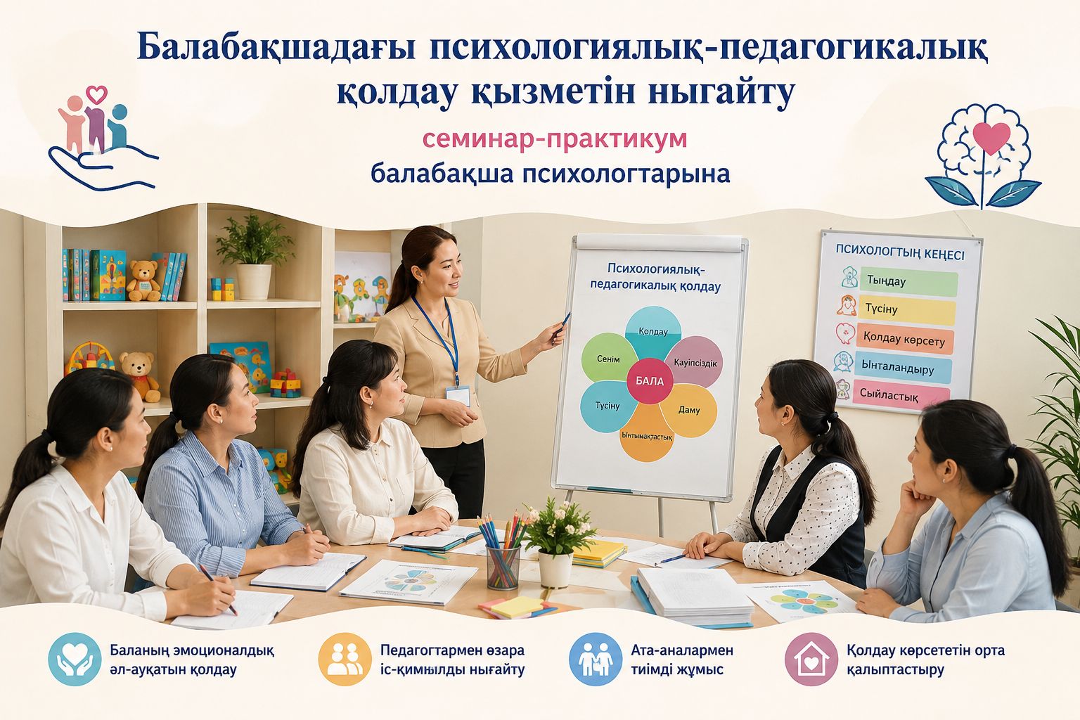 Семинар практикум "Балабақшадағы психолгиялық-педагогикалық қолдау қызметін нығайту"  (балабақша психологтарына)